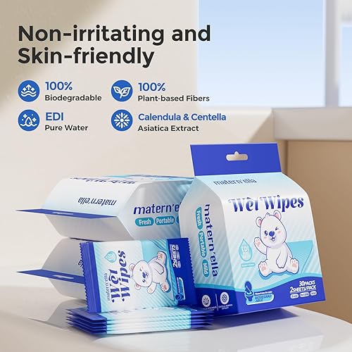 Miniatura 3 de MATERN'ELLA Toallitas desechables para pieles sensibles, aptas para bolsillo, extracto de caléndula y centella asiática y agua pura EDI, sin