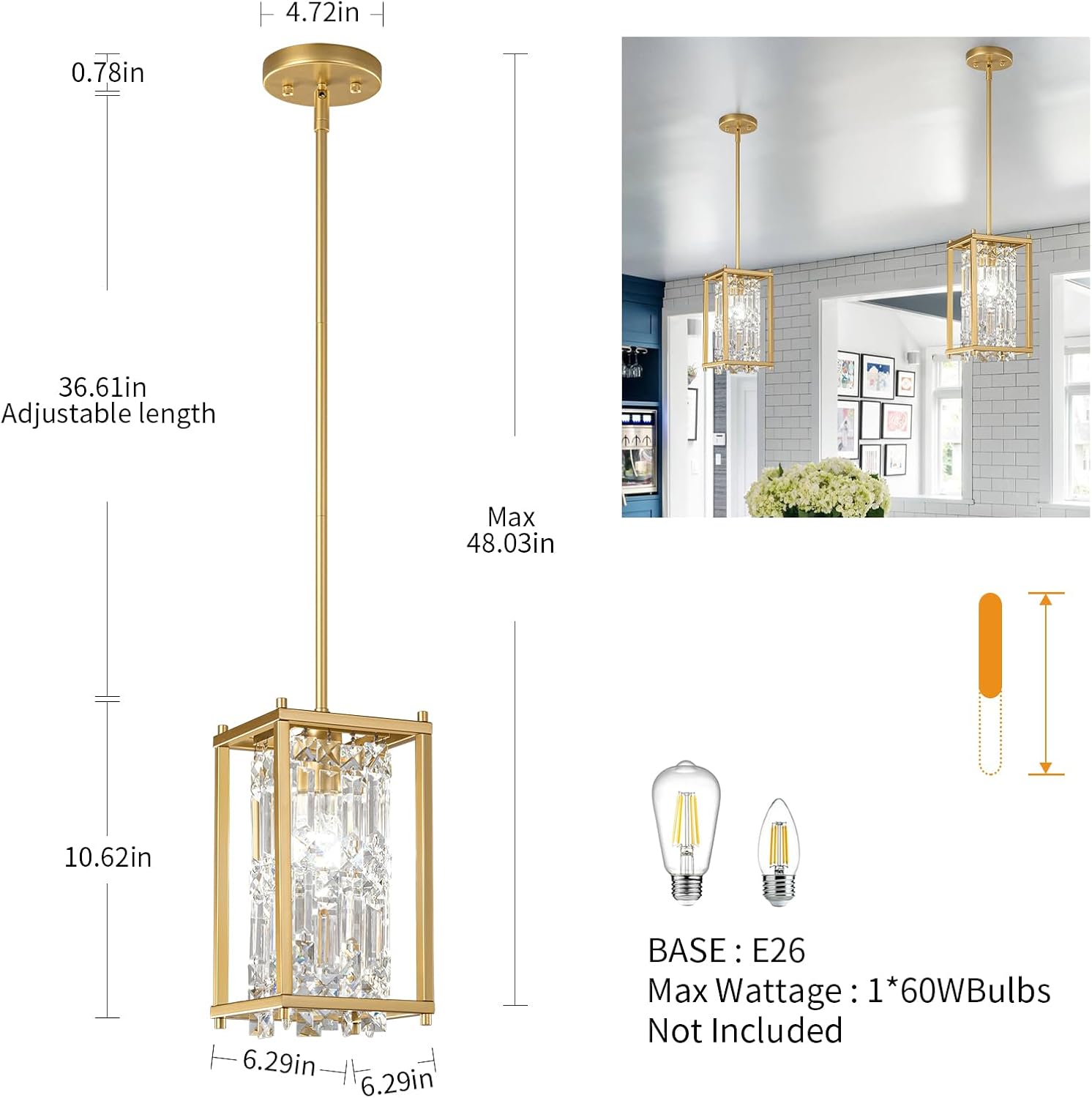 LMQNINE Modern Gold Pendant Light Fixtures for Kitchen Island, Crystal Chandelier Lights Fixture, Elegant Adjustable Pendant Lighting for Dining Room Bedroom (Square 1-Light)