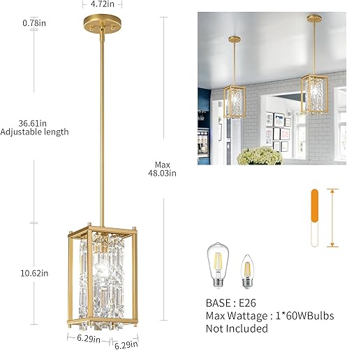 Miniatura 3 de LMQNINE Lámpara colgante de cristal de metal dorado para cocina, isla de comedor, sala de estar, techo plano e inclinado (rectangular, 25.98