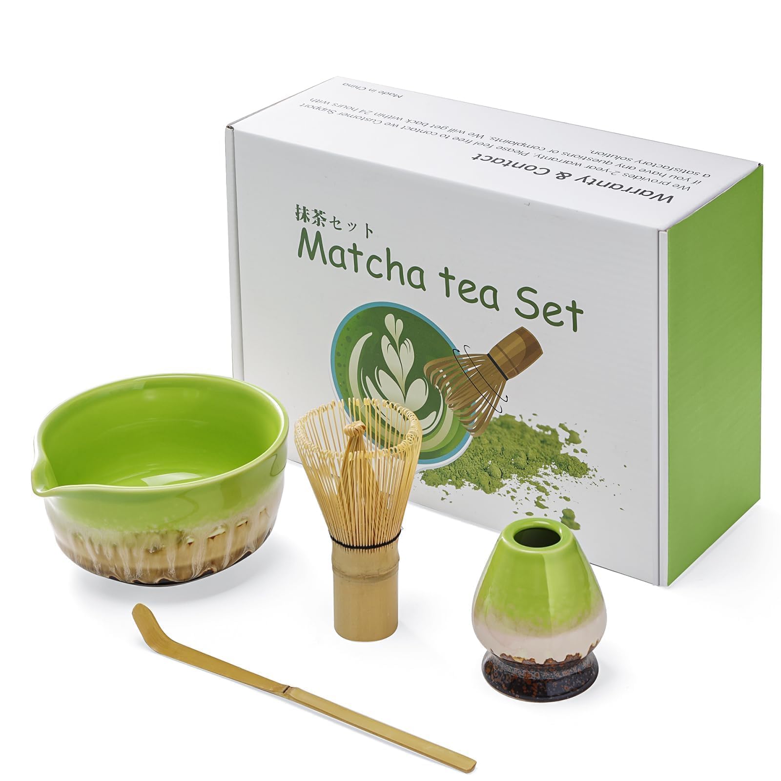Premium Matcha Set di 4 pezzi Chase in bambù, cucchiaino, supporto in ceramica, ciotola per beccuccio, accessorio perfetto per cerimonia del tè giapponese, regalo per gli amanti del matcha