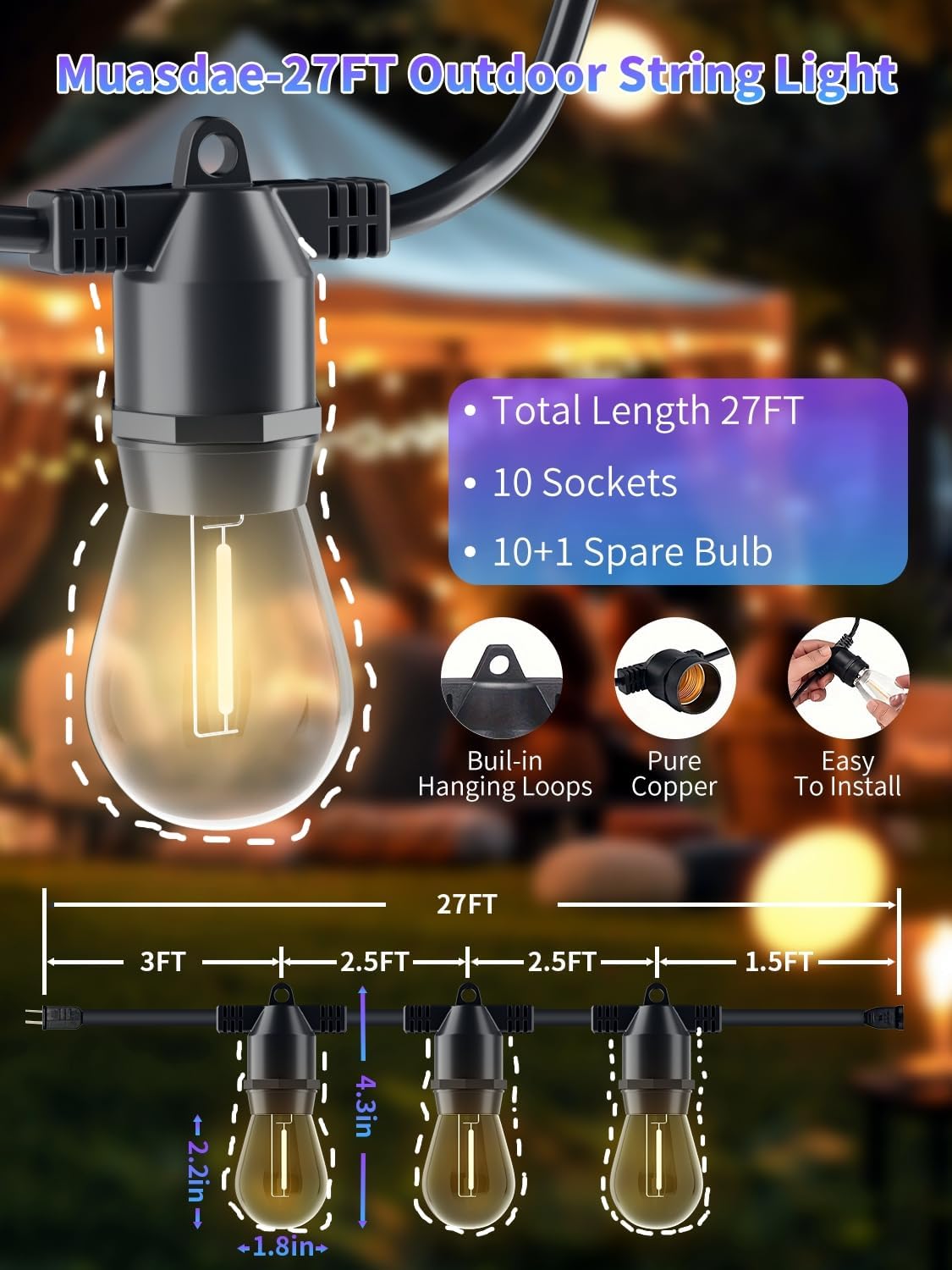 2 Pack 27Ft Led Outdoor String Lights,Patio Lights, S14 Edison Shatterproof Bulbs,for Patio Backyard Cafe Porch Garden Bistro Party Wedding Decoration