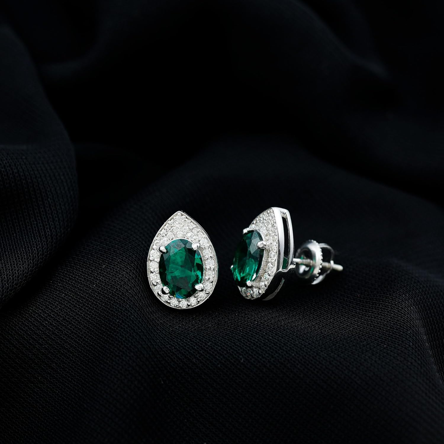 Certified 3 Carat Lab Grown Emerald Big Stud Earrings in Silver, Aaaa Quality, Emerald Teardrop Earrings - Ready To Gift - Image 2