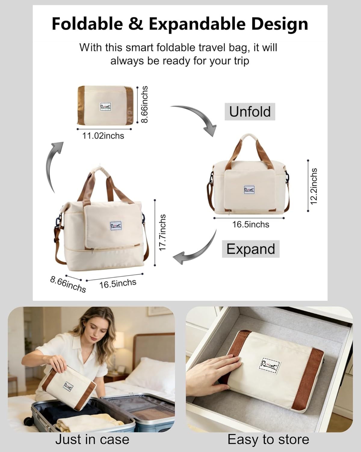 Foldable Travel Bag, 40L Duffle Bag for Travel with Multiple Pockets, Expandable Gym Carry On Bag, Overnight Weekender Bags for Women (Beige) - Image 6