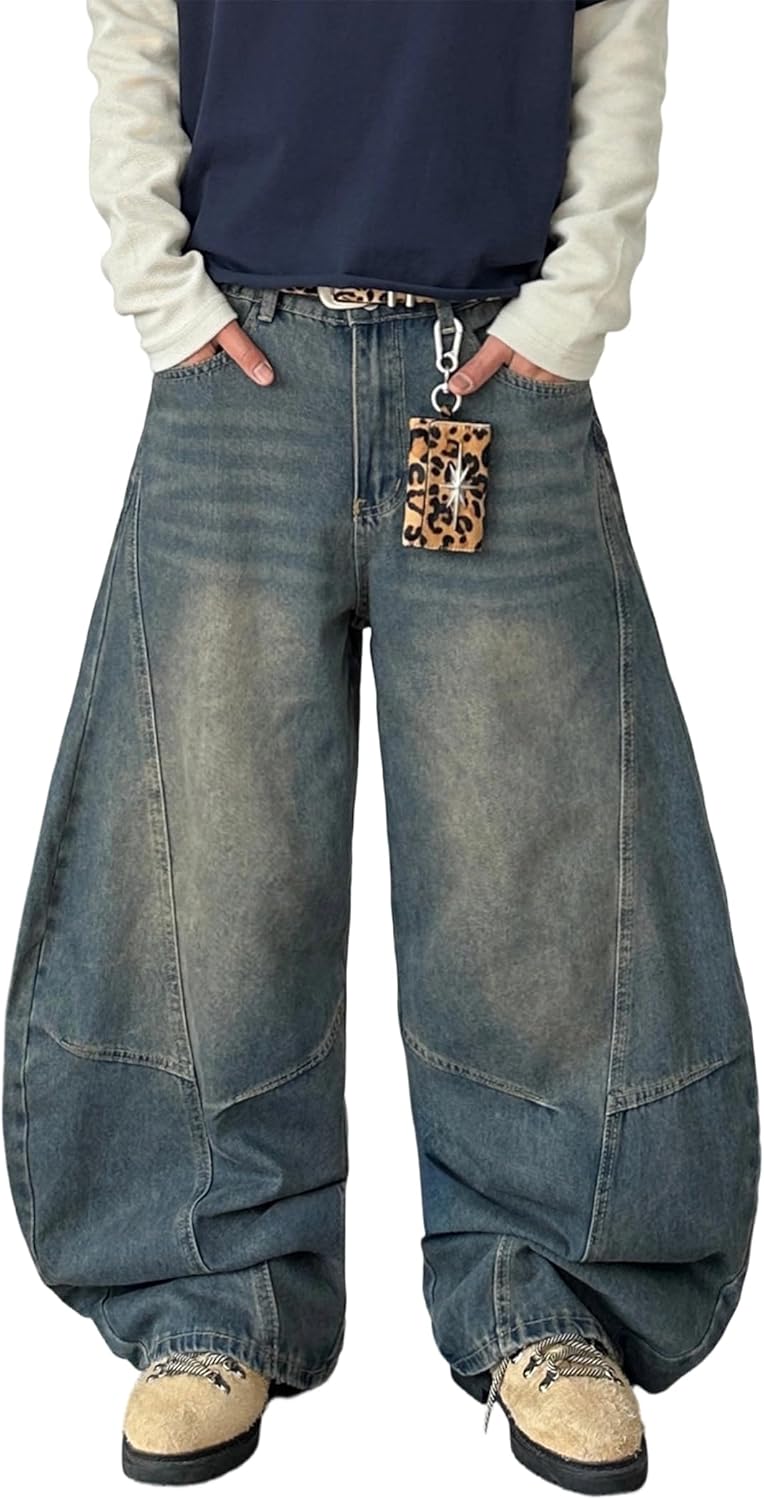 Mens Baggy Jeans Mid Waist Washed Denim Pants Irregular Sutures Trousers Wide Leg J...