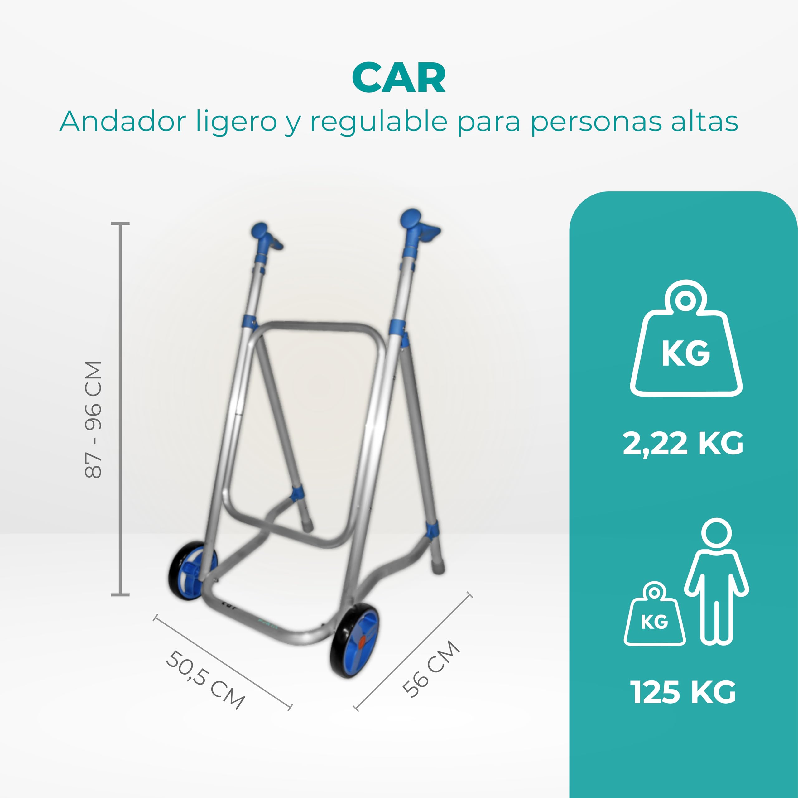 Forta CAR - Andador para Personas Mayores de Interior, sin Asiento, Plegable y Ligero (2,2 kg) - Andador Regulable en Altura, Ruedas Fijas, Aluminio Resistente - Soporta hasta 125 kg (Azul)