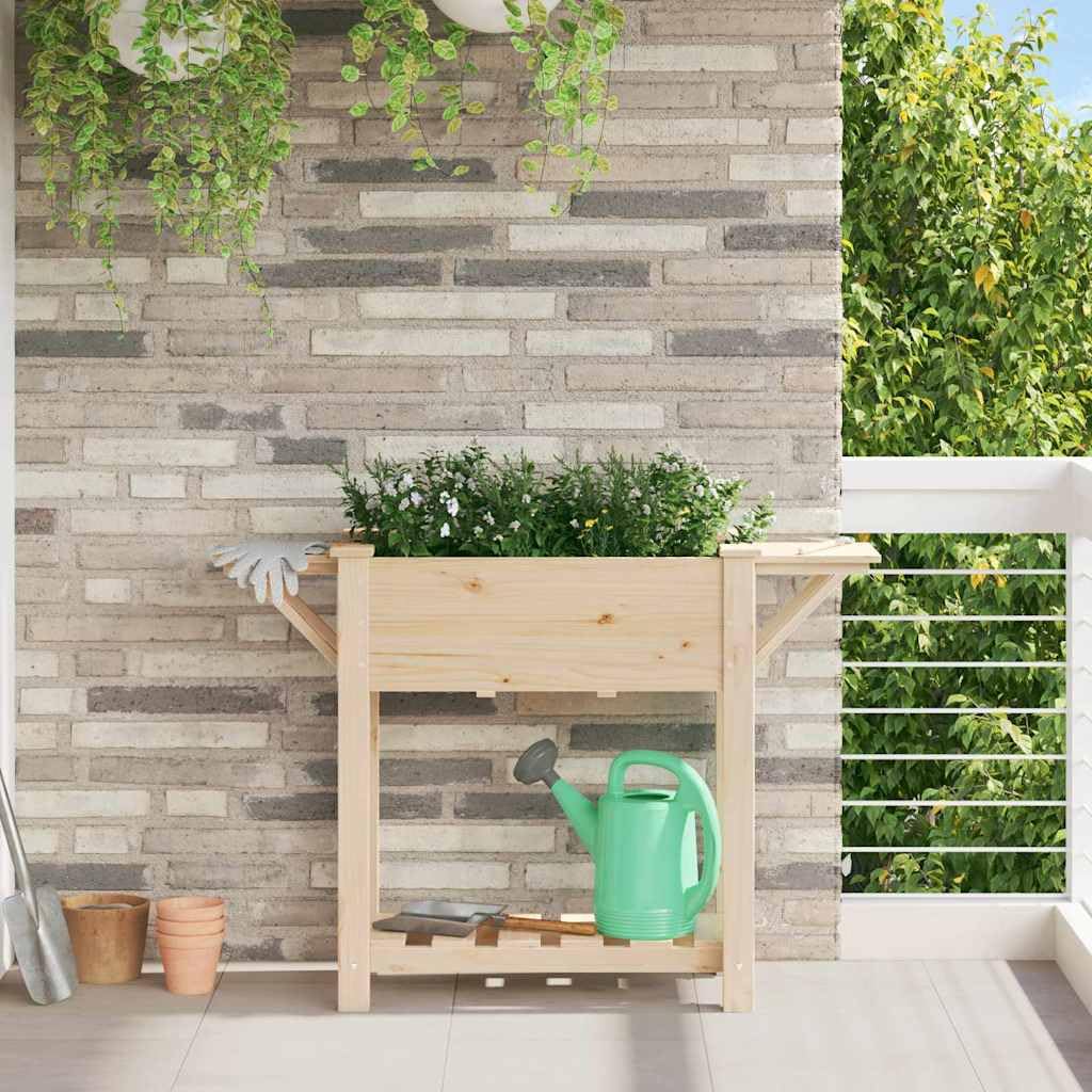Jardinera de jardín con estante beige 111 x 37 x 76,5 cm de madera de abeto, resistente estante para plantas para patio y jardín, práctico espacio de almacenamiento para herramientas, diseño