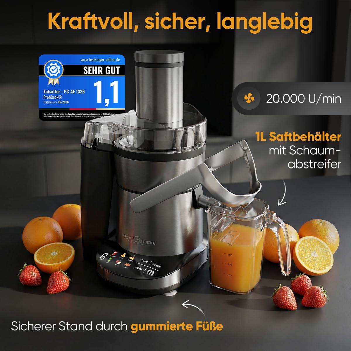 ProfiCook® Entsafter | leicht zu reinigender Slow Juicer | XXL-Einfüllschacht | 1000W Longlife-Motor | feines Mikrosieb | Touch-Display | 6 Stufen | Saftpresse | inkl. Reinigungsbürste | PC AE 1326