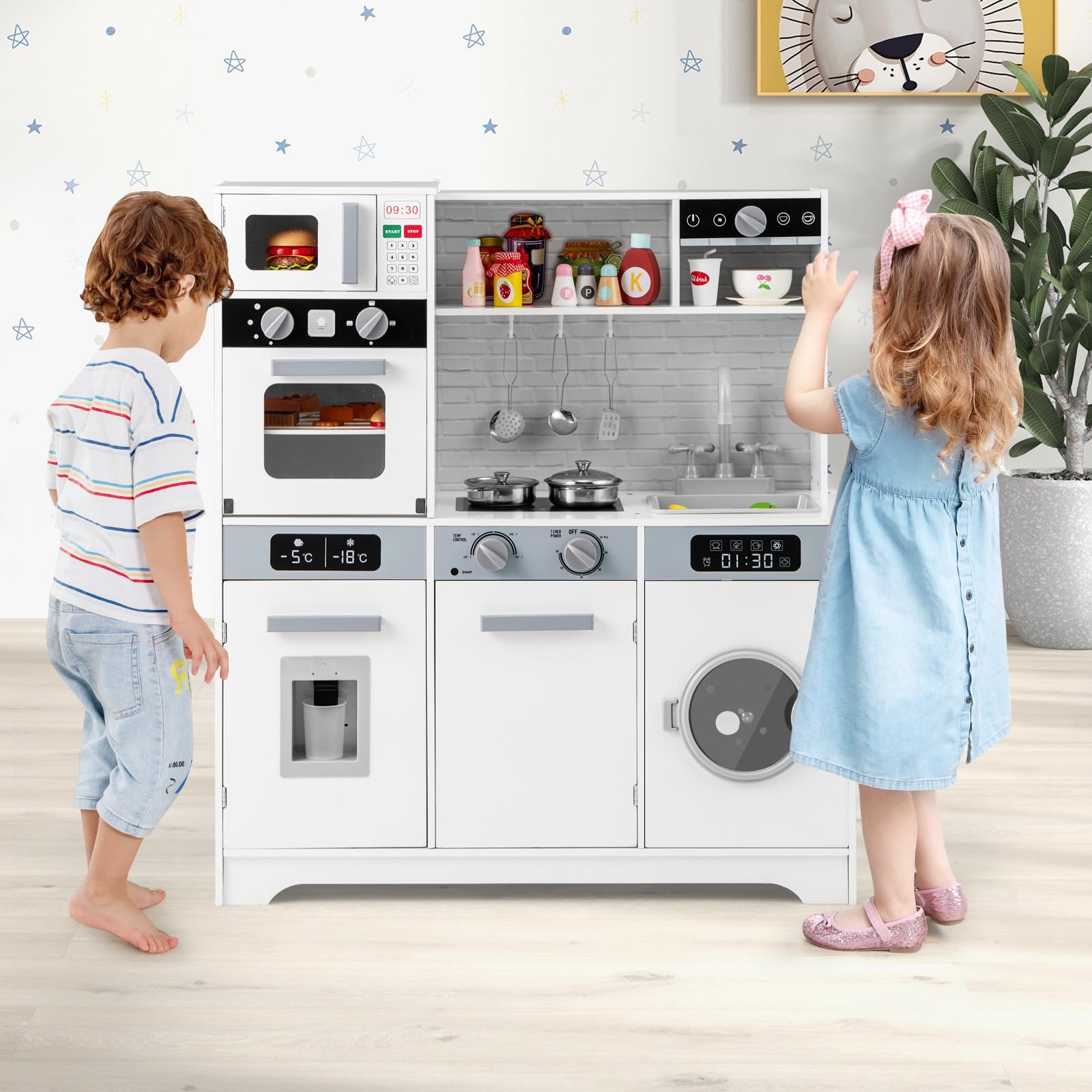 COSTWAY Cocina Madera Infantil, Cocinita Infantil con Luz y Sonido, Fregadero, Grifo, Dispensador de Agua, Microondas, Horno, Utensilios, Lavadora, Cocina Juguete para Niños de 3+Años