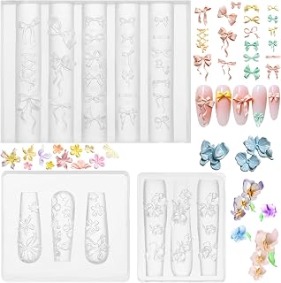 3 Pcs Silicone Nail Art Flower Molds, Bow Tied Lily Floral Manicure Pattern Molds Blossom Petals Carving Template for DIY Resin Accessories Nail Supplies