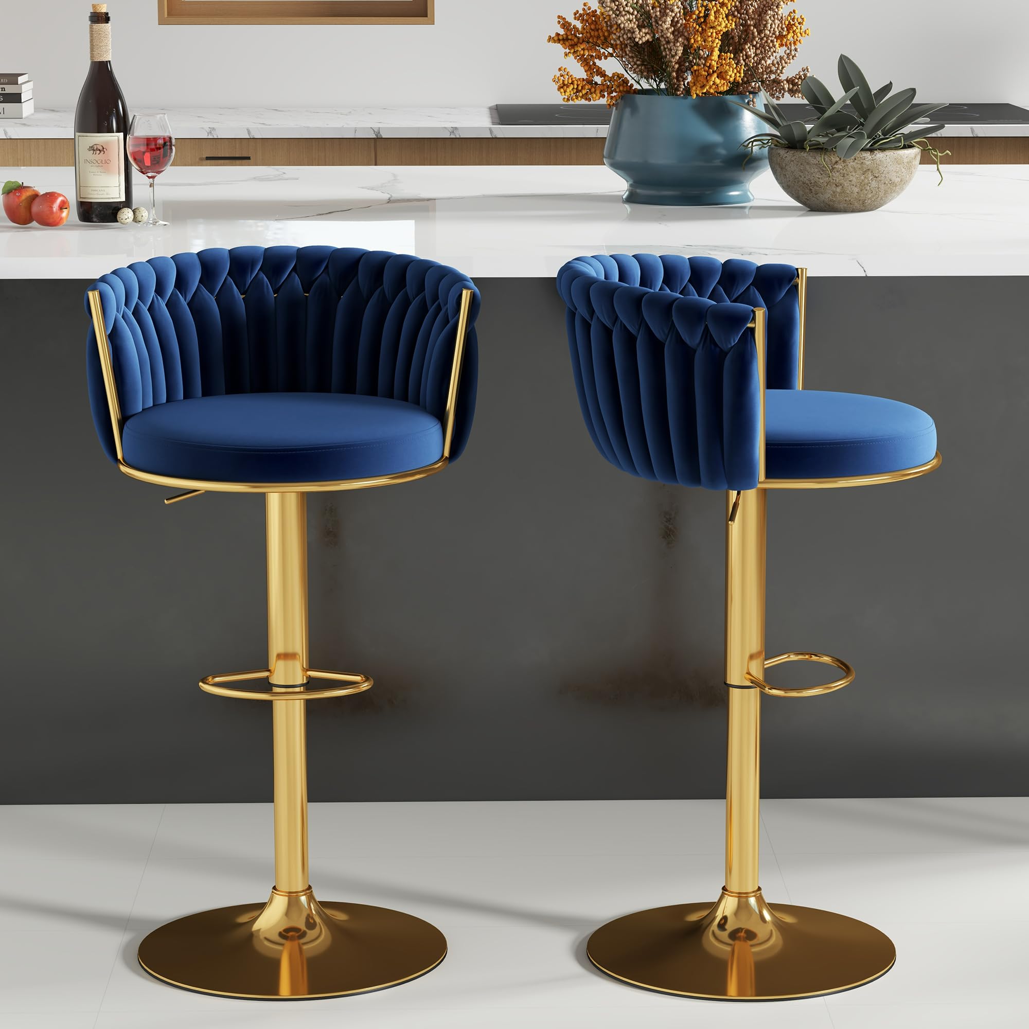 ABET Gold Bar Stools Set of 2, Velvet Woven Barstools, Swivel & Height Adjustable Counter Stools with Upholstered Backrest, Modern Luxury Kitchen