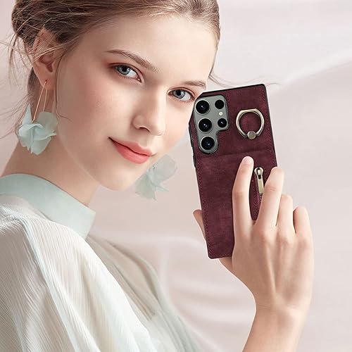 Miniatura 7 de Miimall Funda para Samsung Galaxy S23 Ultra con tarjetero, piel sintética Galaxy S23 Ultra con soporte de anillo, funda magnética Flip S23 Ultra,