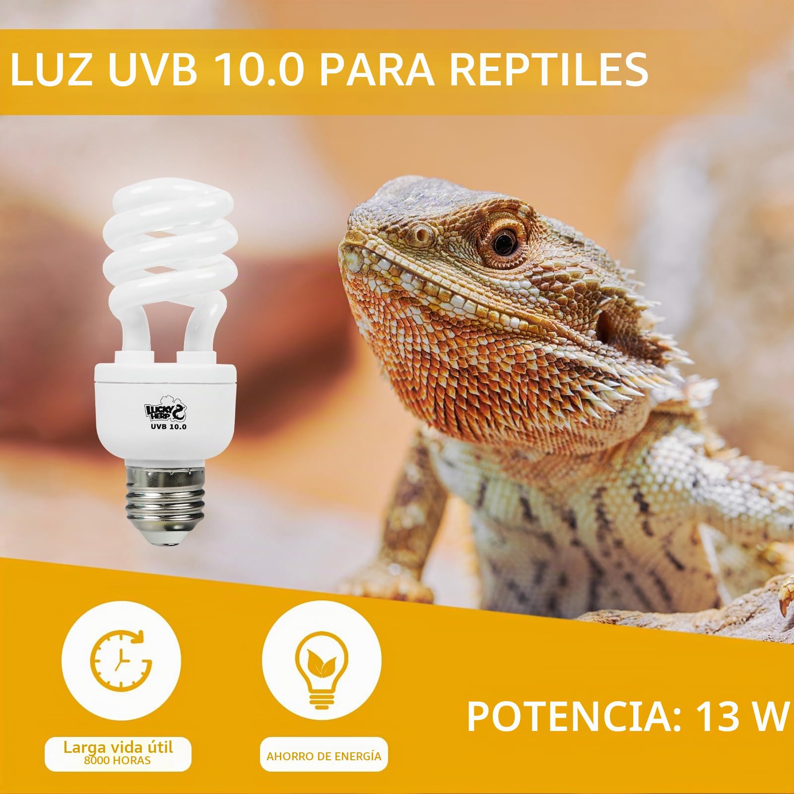 LUCKY HERP lámpara uvb de terrario, reptiles UVA UVB 10.0, E27 compacta para gamones, tortugas, serpientes, lagartos, reptiles y anfibios