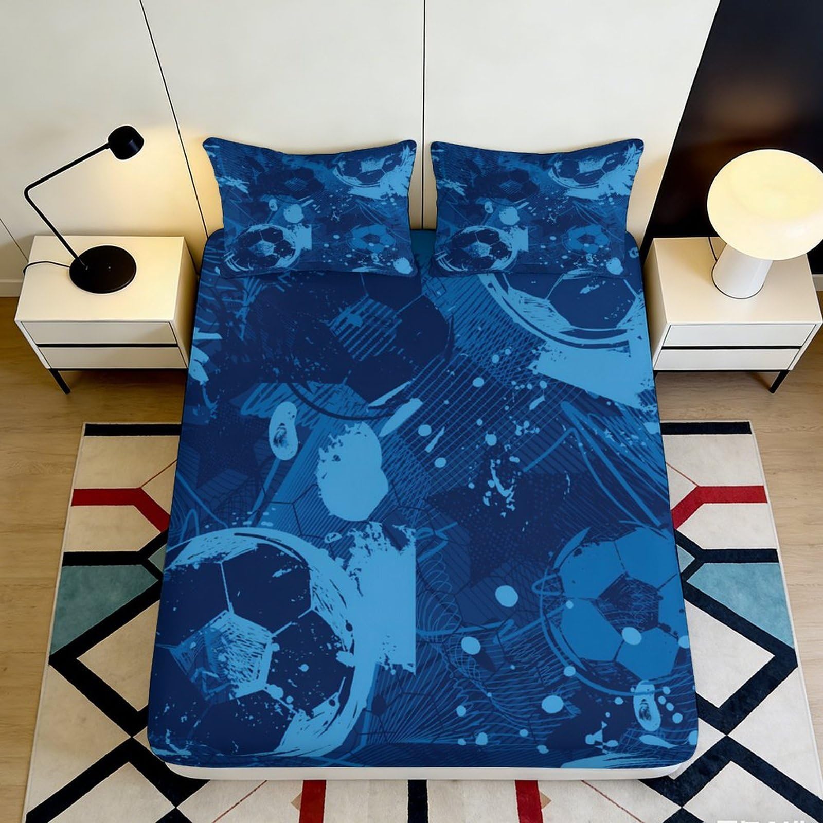 3D Printed Blue Soccer Pattern Fitted Sheet Microfiber Soft Breathable Football Graphic Bed Cover for Bedroom Guestroom Mattress Protection 180x200x25cm