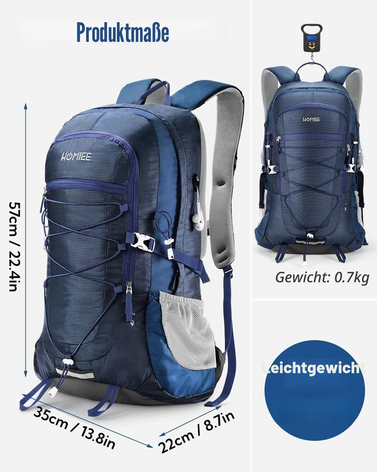 HOMIEE Wanderrucksack Herren Damen 45L Wasserdichter Rucksack Leichter Trekkingrucksack Groß Reiserucksack Sportrucksack mit Reflexstreifen für Campingplätze Radfahren Bergsteigen Reisen