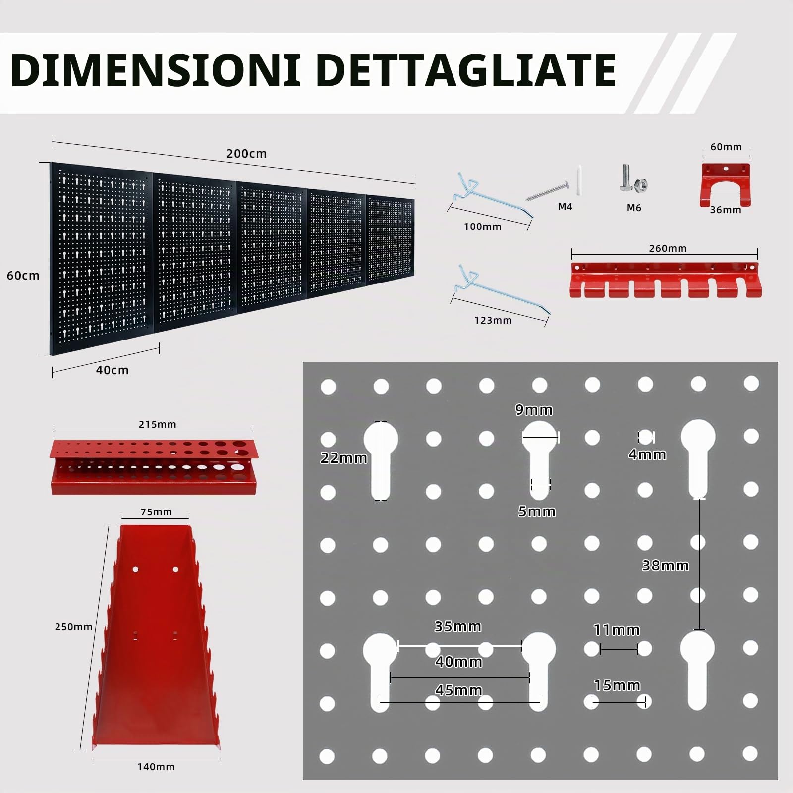 CCLIFE Pannello Porta Attrezzi Da Parete Con 43 Supporti Officina Forato Portautensili Stoccaggio 200 x 60 x 2 cm 5 Pezzi Espandibile Mensola da Parete Porta Attrezzi Nero