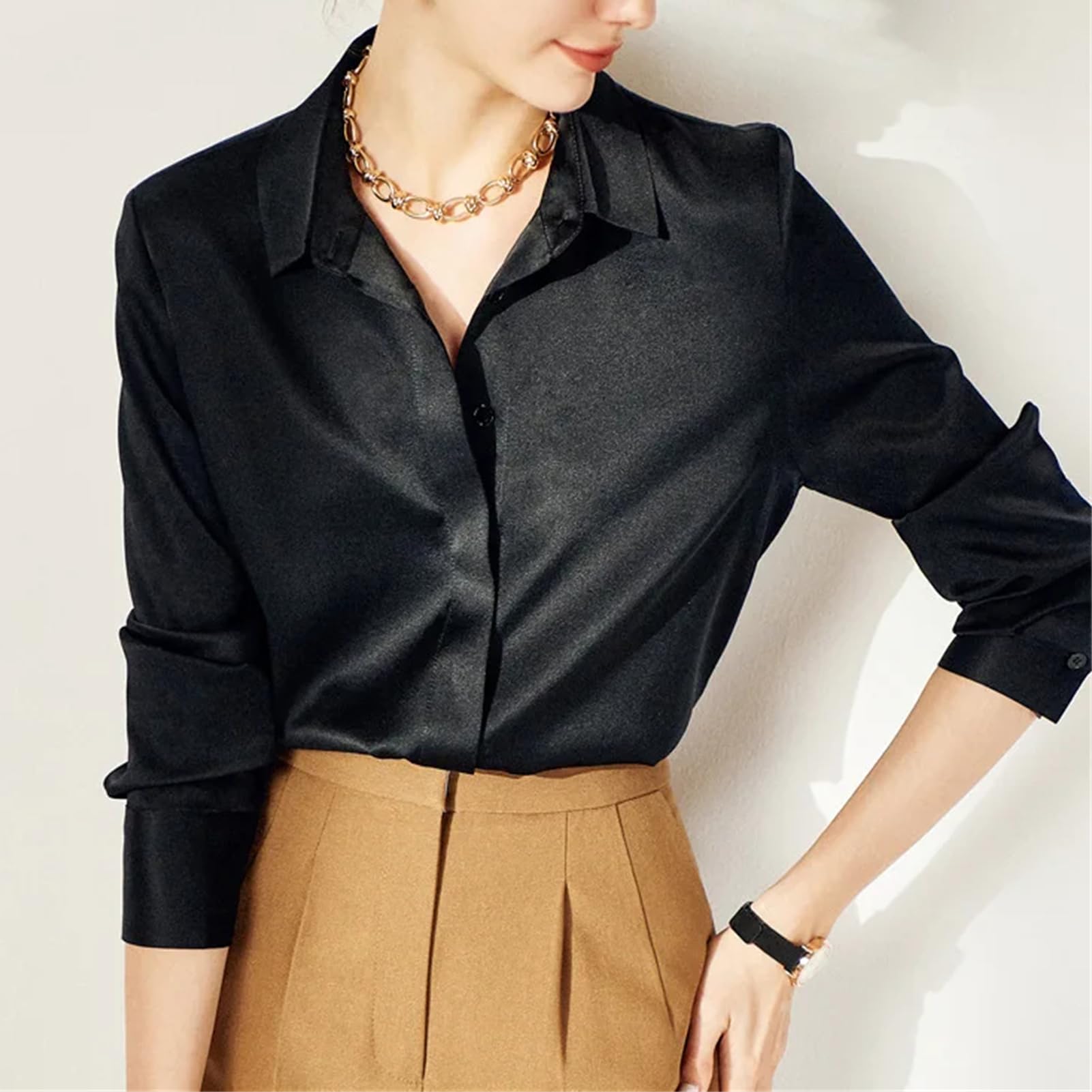 Vogrtcc Blusa de seda para mujer con encaje cosido de manga larga para oficina