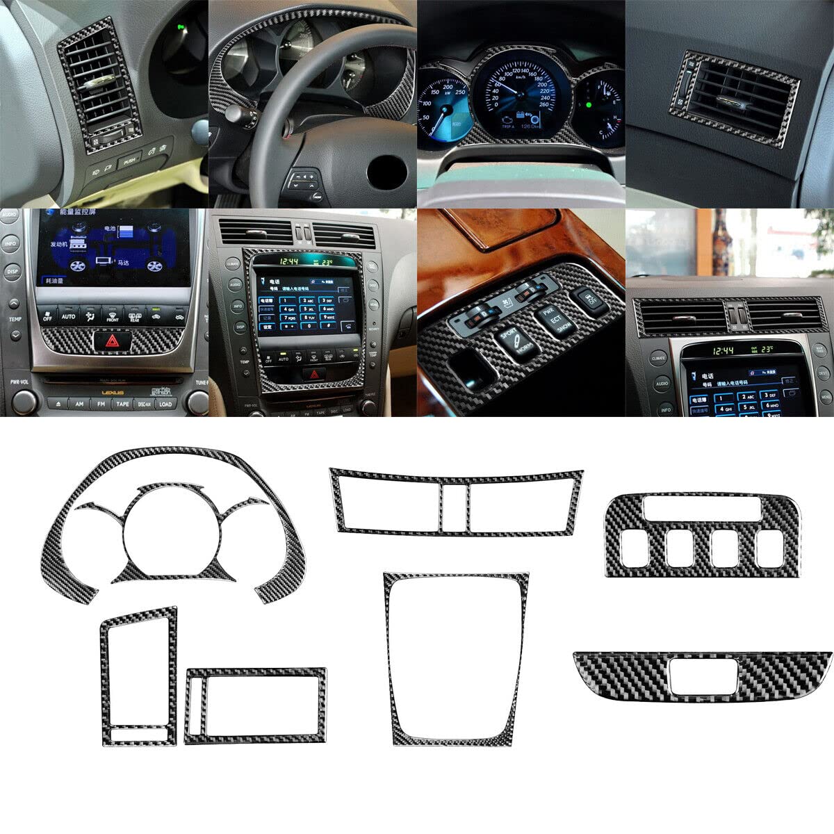 Car Interior Accessories 8-Piece Carbon Fiber Dashboard Interior Decal Set for Lexus GS 2006-11 Carbon Fiber Interior Full Set