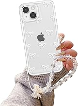 EYZUTAK Case for iPhone 14, Clear Cute Ribbon Bowknot Aesthetic Phone Case with Charm Bracelet Chain Raised Camera Protection Stylish Soft Durable TPU Protective Cover for Women Girls - White