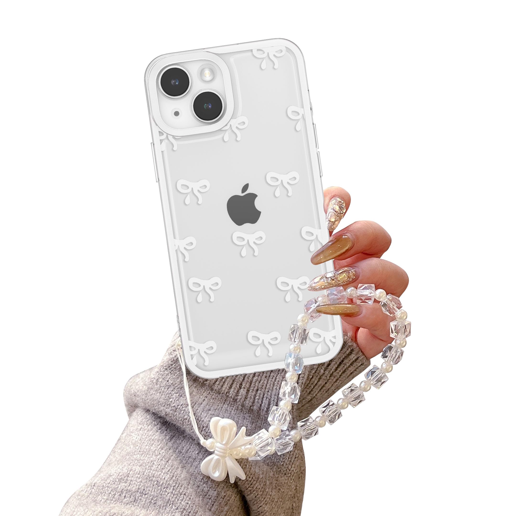 EYZUTAK Case for iPhone 13, Clear Cute Ribbon Bowknot Aesthetic Phone Case with Charm Bracelet Chain Raised Camera Protection Stylish Soft Durable TPU