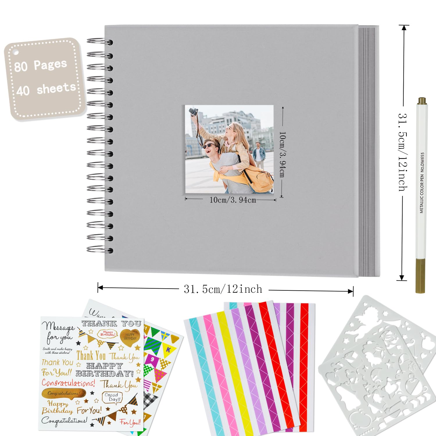 Miaikoe 31.5x31.5 cm DIY Scrapbook Album with Window Hardcover Kraft Blank Paper Scrap Book with 40 Sheets Photo Album for Guest Book Family Wedding Anniversary (Grey) - Image 3