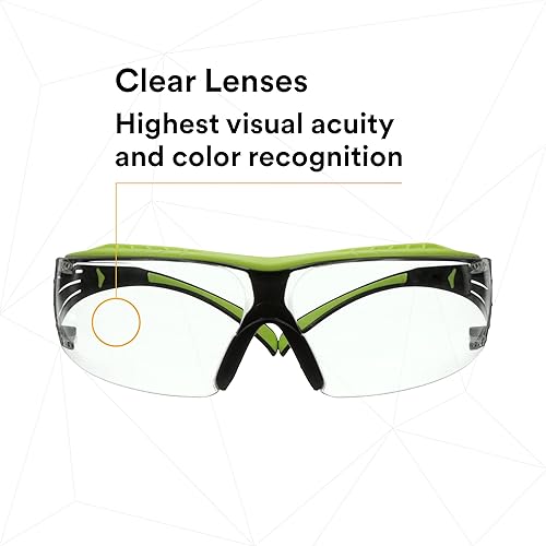 Miniatura 5 de Gafas de seguridad 3M, SecureFit 400X, ANSI Z87, lente transparente antivaho antiarañazos, marco verde y negro, protector de cejas, ligero, puente