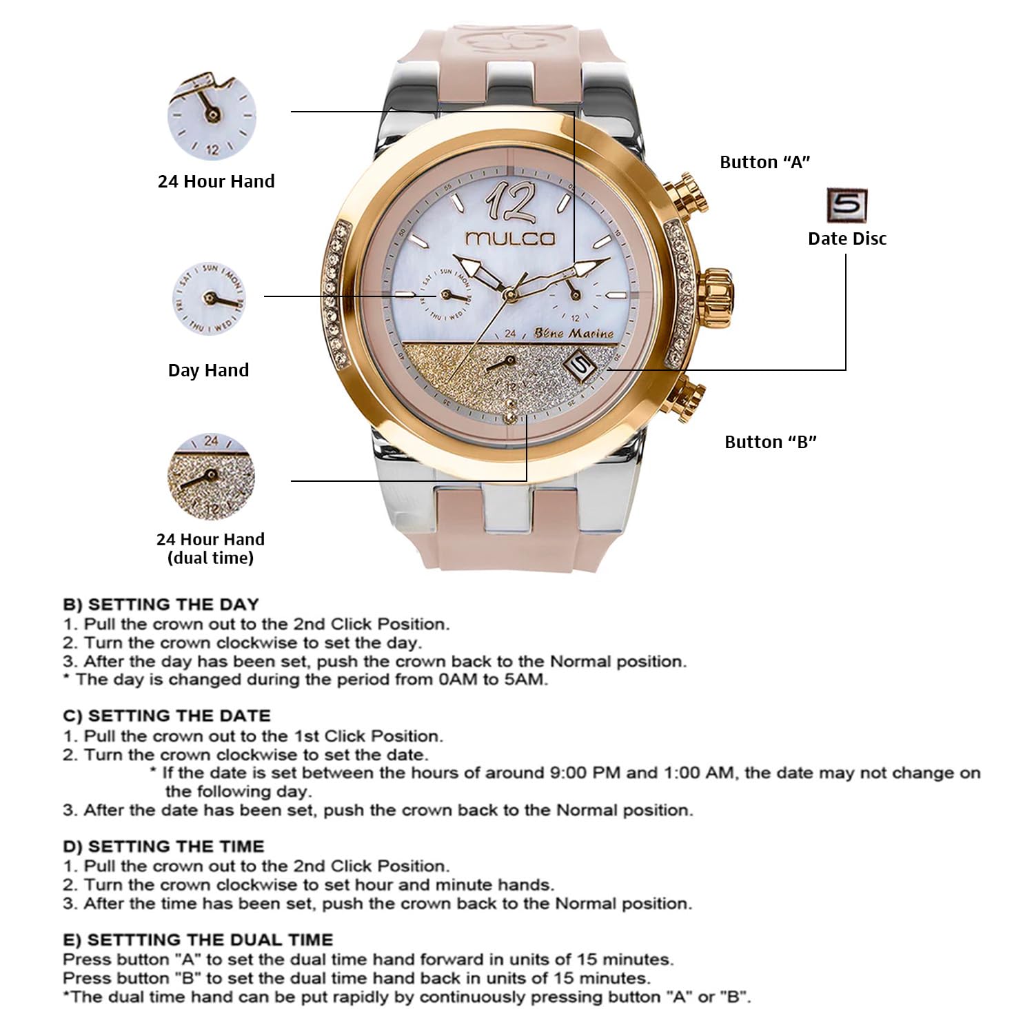 Mulco Blue Marine - Reloj de cuarzo multifuncional para mujer, correa de acero inoxidable y silicona, pantalla analógica, tonos Swarovski y detalles de oro rosa resistente al agua