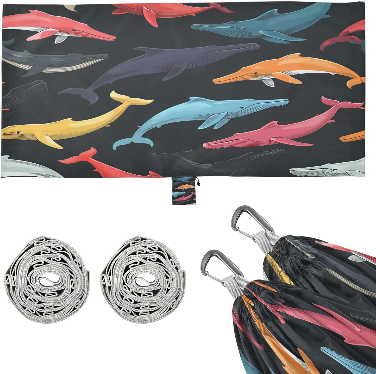 ALAZA Colorful Whale Camping Hammocks Single or 2 Person 500 lbs Portable Parachute Travel Hammock w/Tree Straps for Hiking Backpacking Indoor Outdoor
