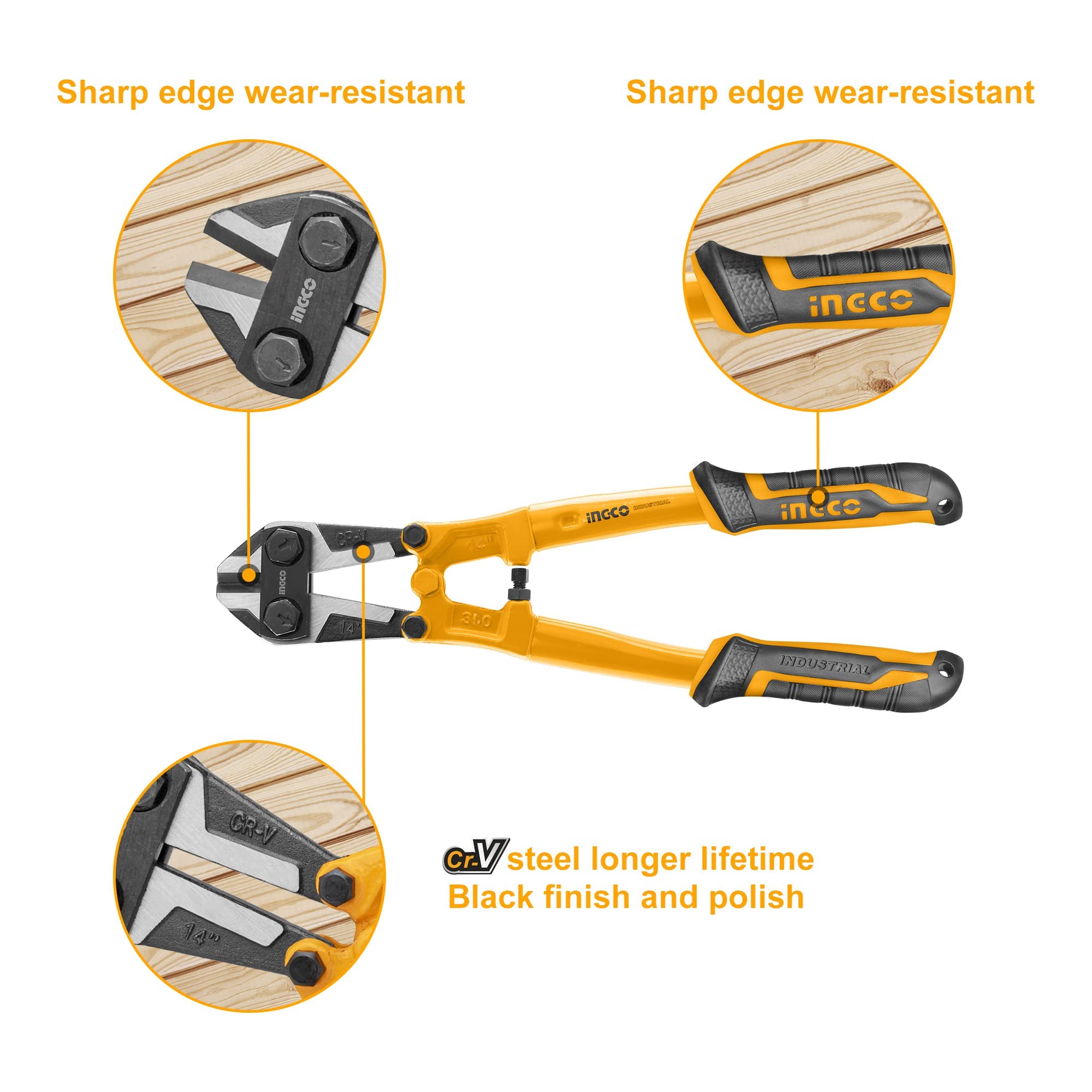 INGCO Bolt Cutter, CR-V Mini Bolt and Wire Cutter 14", Easily Cut Locks, Cable, Chain, Spring Snips Clippers, with Soft Rubber Handle 2