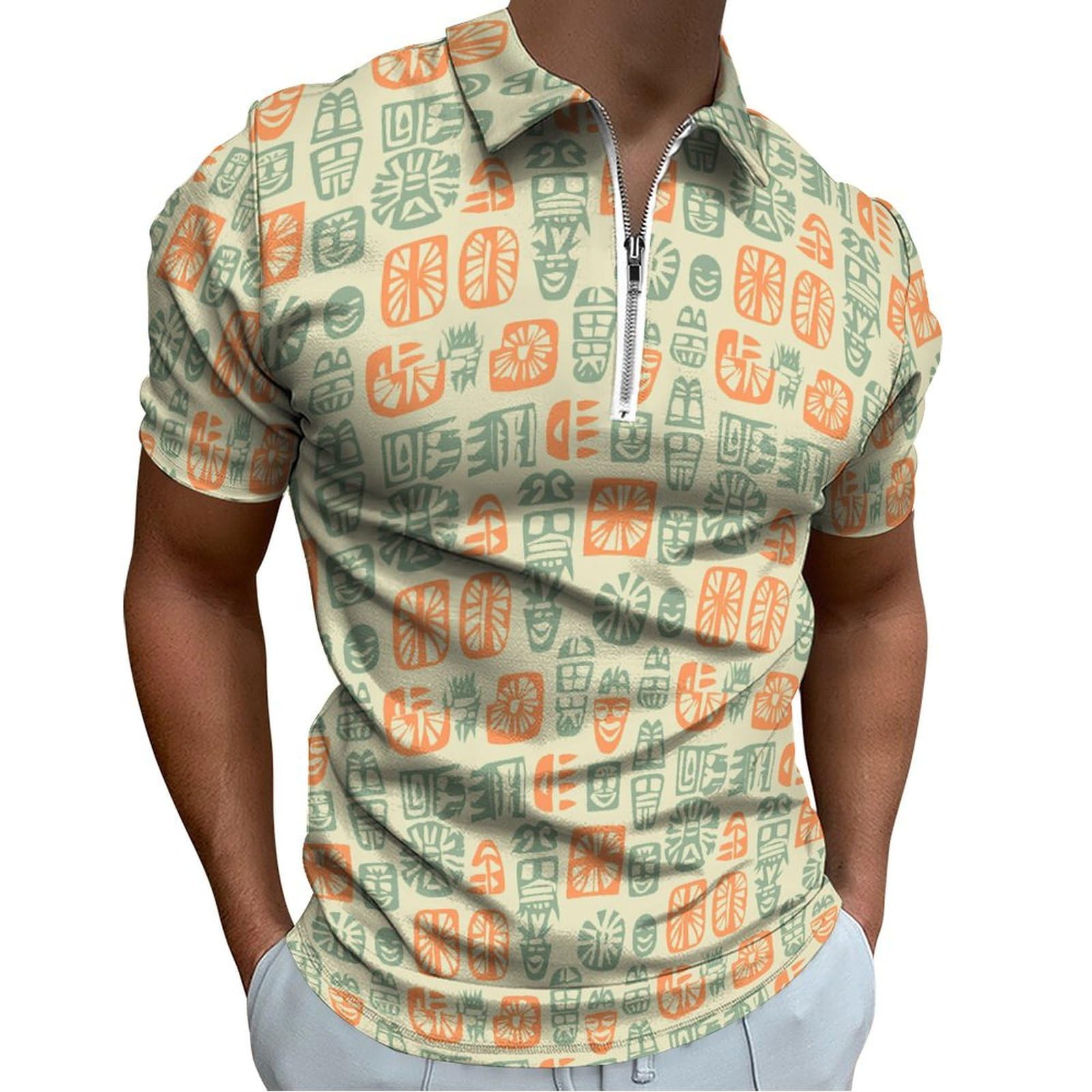 Hawaiian Polo Shirts for Men Zipper Floral Printed Short Sleeve Golf Shirt Moisture Wicking V Neck Slim Fit