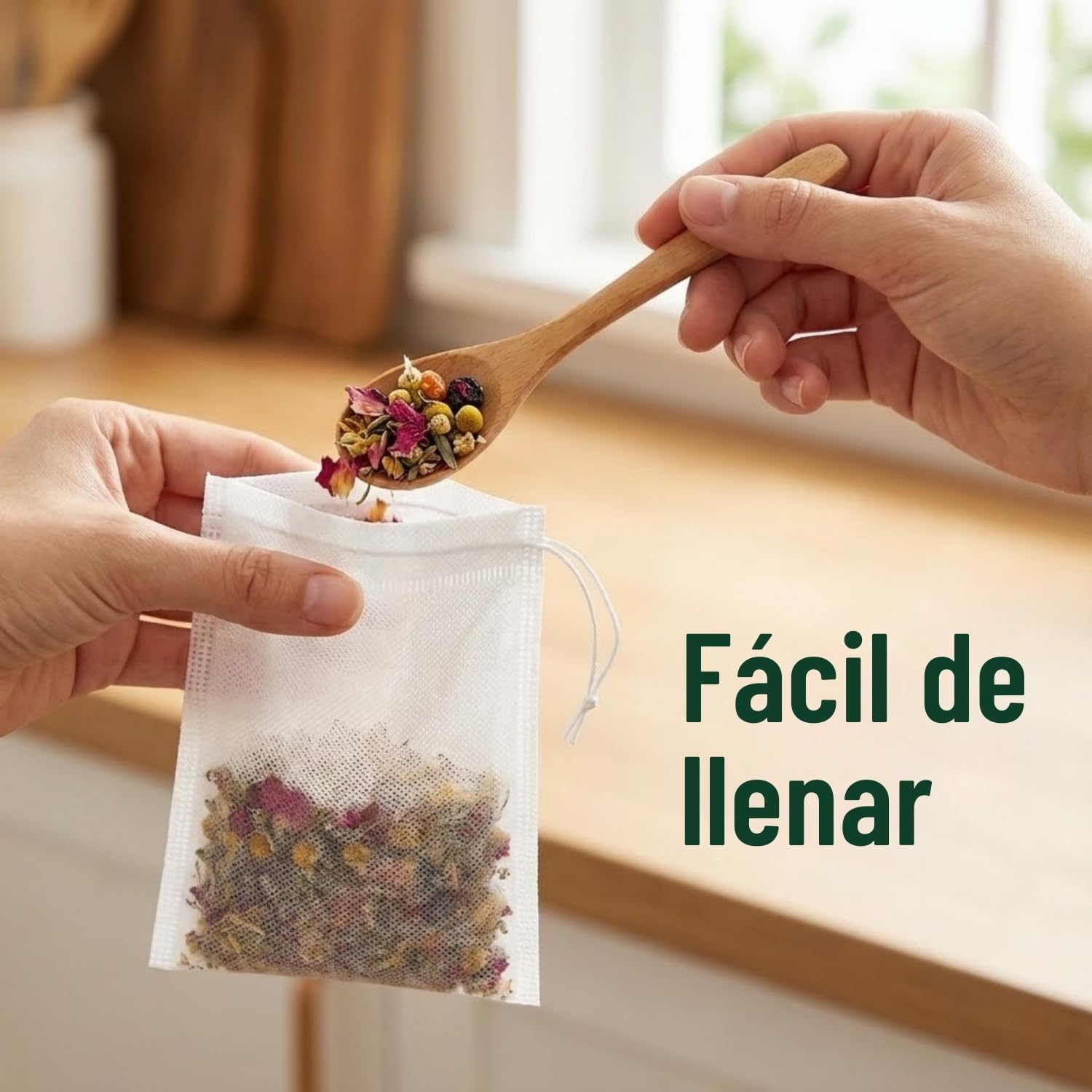 100 Bolsas de Té Desechables para Rellenar de Almidón de Maíz - Filtros Vacíos para Té a Granel, Infusiones, Especias - Sin Plástico, No se Derriten - Tamaño Grande 8x6cm con Cordón