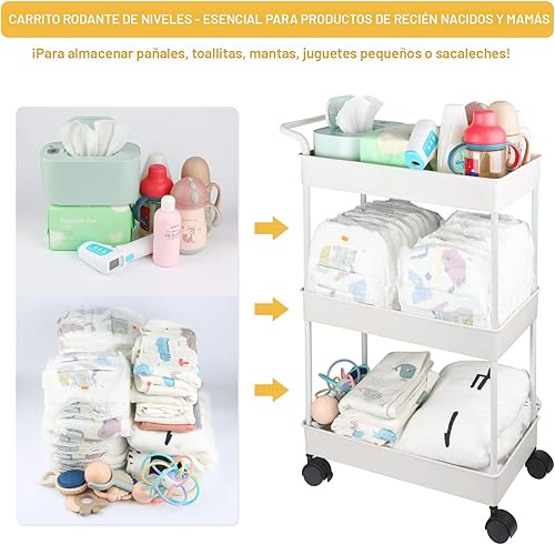 Miniatura 3 de Organizador de pañales para bebé, carrito móvil de plástico para recién nacidos, artículos esenciales para guardería, organizador para cambiador y