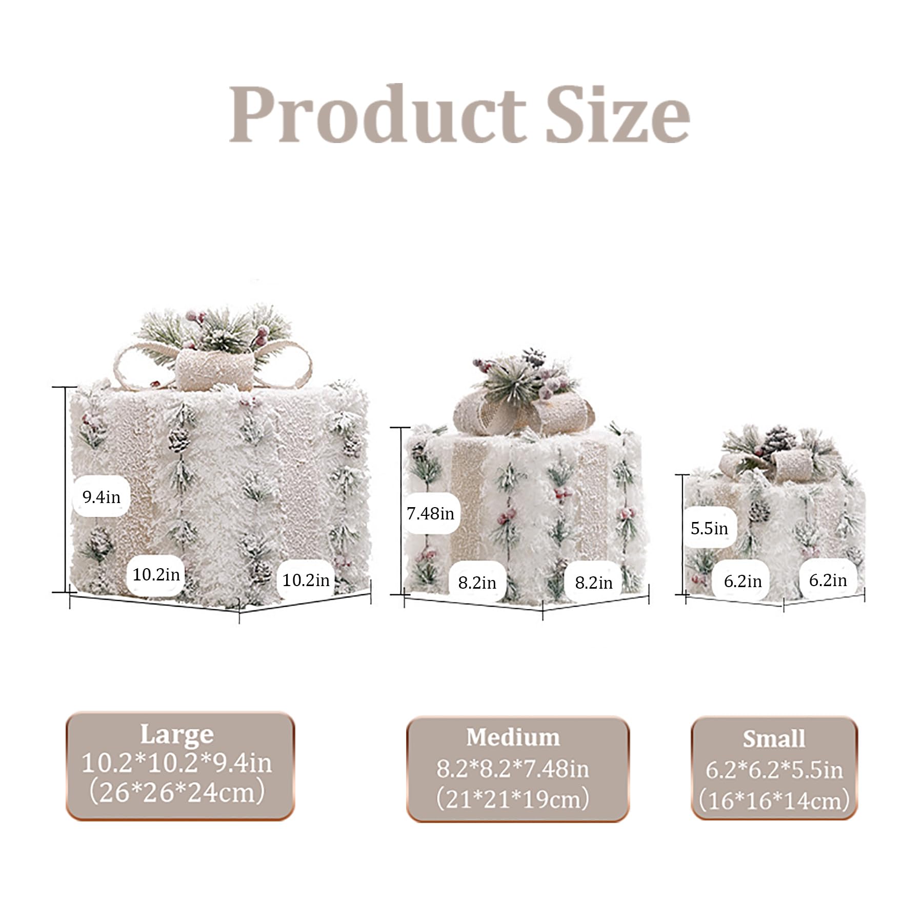 Białe flokowane świąteczne pudełka na prezenty LED Light Up Pudełka na prezenty Zestaw 3 podświetlanych pudełek na prezenty Boże Narodzenie Śnieżowłosy