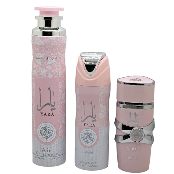 Lattafa Yara For Women 3 Piece Gift Set (3.4 Fl Oz EDP + 6.67 Fl Oz Deo + 10.14 Fl Oz Air Freshener)
