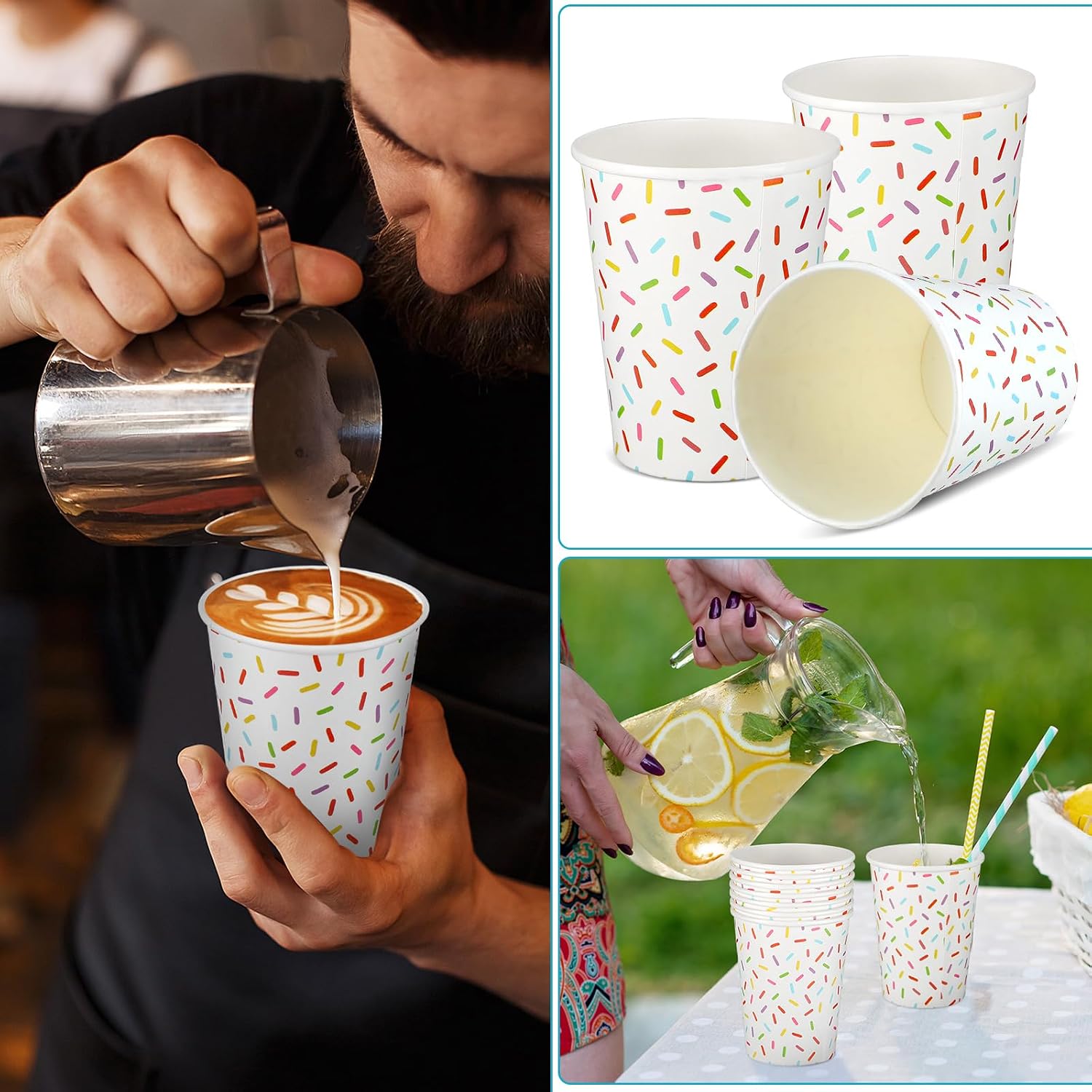 AmazingSpark 50 Pcs Sprinkle Paper Cups Bulk 9 oz Donut Party Cups Cute Sprinkle Cups Donut Disposable Cups Drinking Dinnerware for Sweet Party Supplies Birthday Wedding Table Decorations