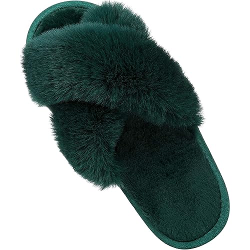 Women's Soft Plush Lightweight House Slippers Fuzzy Cross Band Slip on Open Toe Cozy Indoor Outdoor Slippers