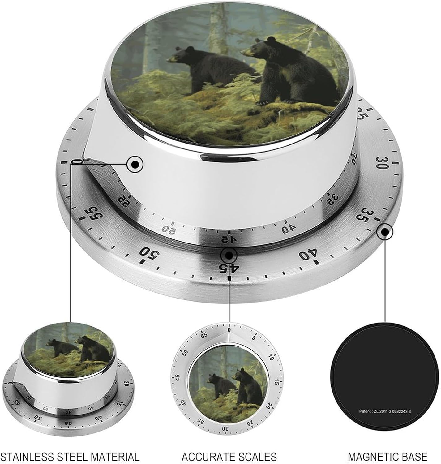 Black Bears Kitchen Timer Chef Cooking Timer Clock with Loud Alarm Mechanical Desk Timer Magnetic Countdown Countup Timer Stainless Steel Countdown Timer