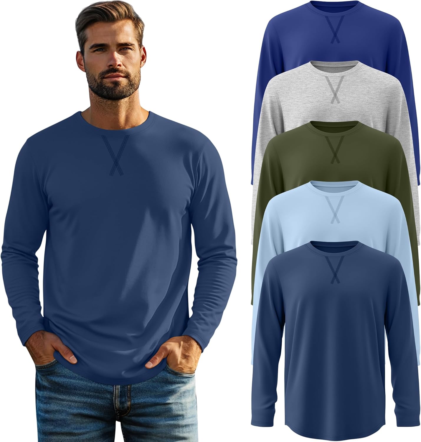 5 Pack Men's Big and Tall Long Sleeve Shirts Crewneck Tops L-7xl Hipster Hip Hop Longline T-Shirts Multipack
