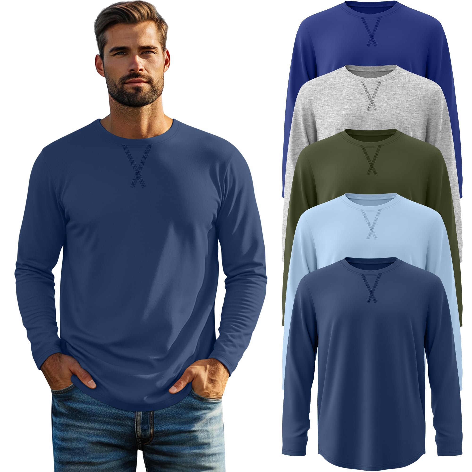 5 Pack Mens Big and Tall Long Sleeve Shirts Crewneck Tops L-7xl Hipster Hip Hop Longline T-Shirts Multipack