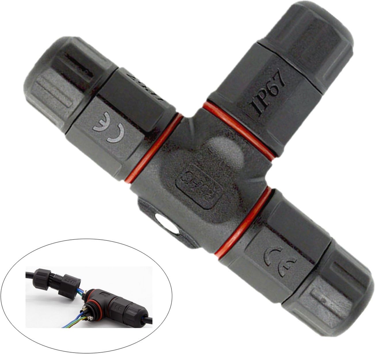 3 Pole Waterproof Connector, IP 67 External Junction Box Connector Ø0.4in Cable, Yocilo T-shape Coupler for Outdoor LED Equipment