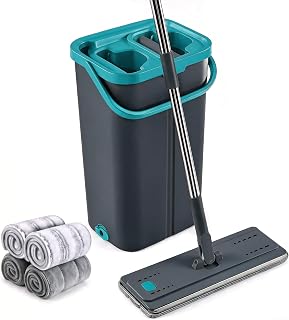 Midyb Flat Mop Bucket System,Wet and Dry Mop for Floor Cleaning | 54" Stainless Steel Handle,4 Microfiber Mop Pads, 360° Swivel Mop Head, Hands-Free Flat Floor Mop for All Floor Types