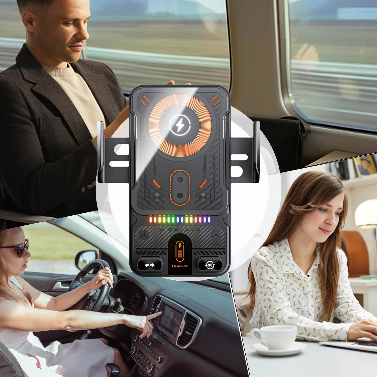 Caricabatteria per auto senza fili | Supporto per auto a ricarica rapida da 15 W - Supporto automatico a clip per auto, per controllo musicale streaming video uso quotidiano lunghe gite in famiglia