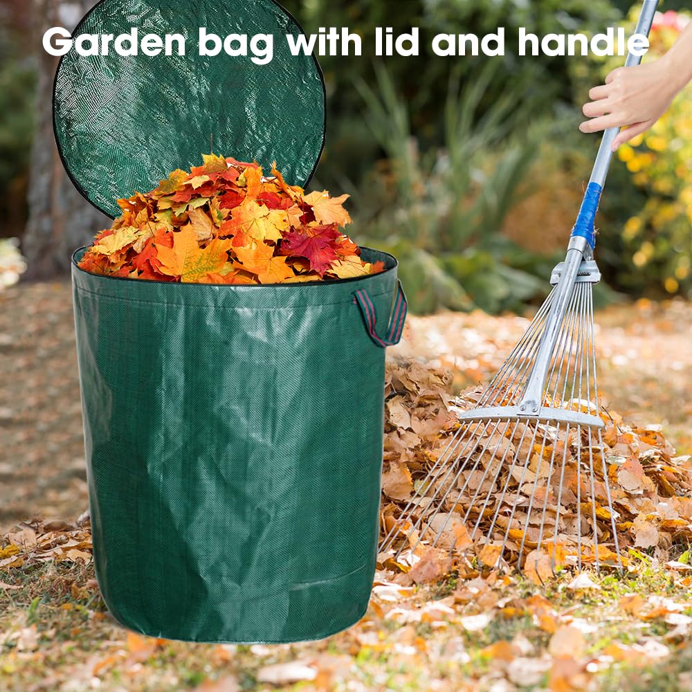 3 sacos de basura de jardín, 120 L, con tapa y asas, bolsas de basura de jardín, estables para residuos de jardín, bolsas de corte verde para césped, hojas, setos, residuos de jardín