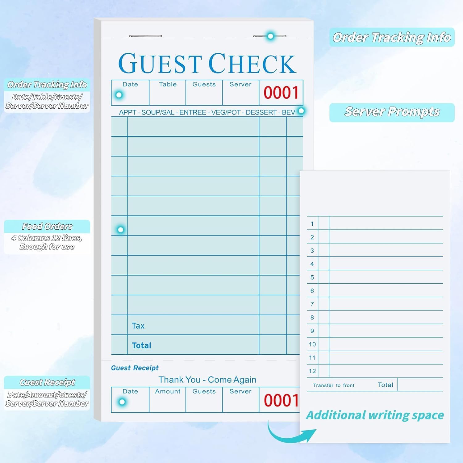 60 Pack Guest Check Books Bulk Server Note Pad Numbered Waitress Notepad, Total 3000 Sheets 3.5 x 6.75 Inch Blue Food Receipt Book, Server Order Paper for Bars Cafes Restaurant Food Trucks
