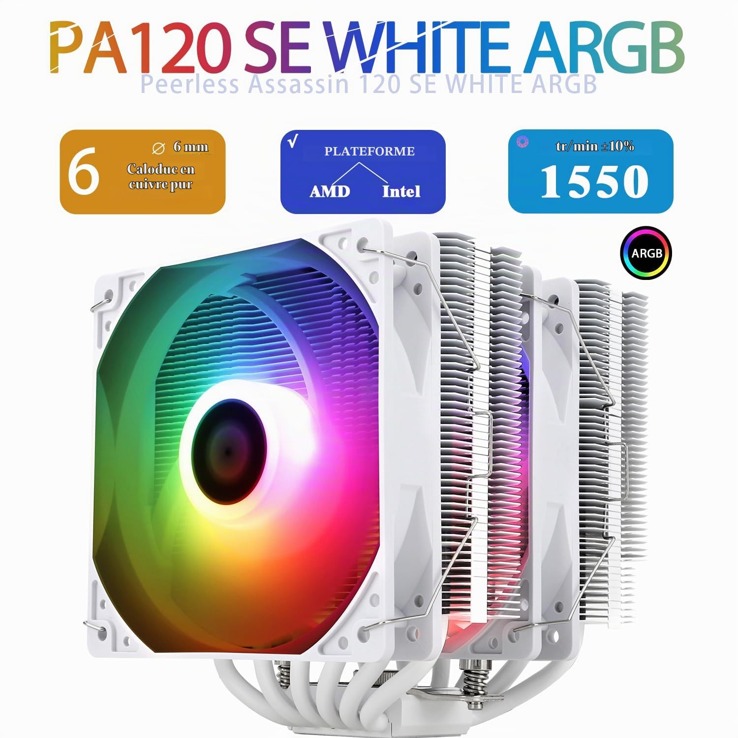 TR-Thermalright Peerless Assassin 120 SE Blanc ARGB Refroidisseur d'air CPU | ventilateur PWM 120mm TL-C12CW-S à 1550 tr/min, pour AM5/AM4, Intel LGA1851/1700/115x/1200