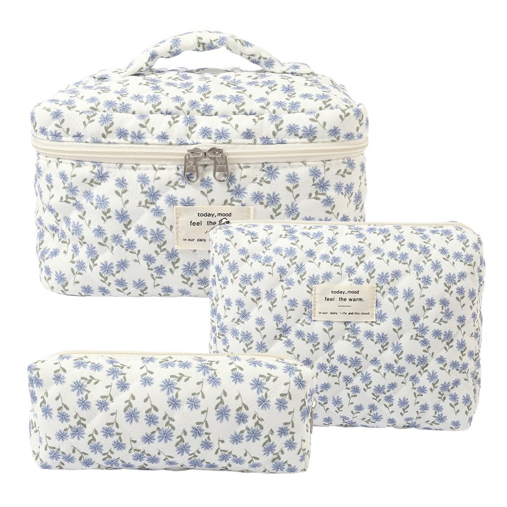 3 Piece Cosmetic Bag Women's Make Up Bag, Quilted Toiletry Bag with Floral Pattern, Travel Cosmetic Bag