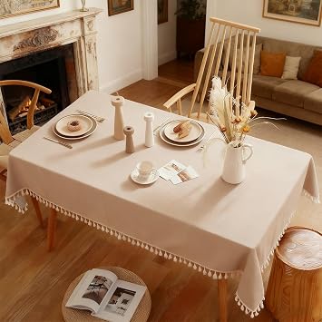 Cotton Linen Rectangular Tablecloth with Tassels, Dust-Proof and Shrink-Proof Table Cover for Kitchen and Dining Decoration (Beige, 140x180 cm)