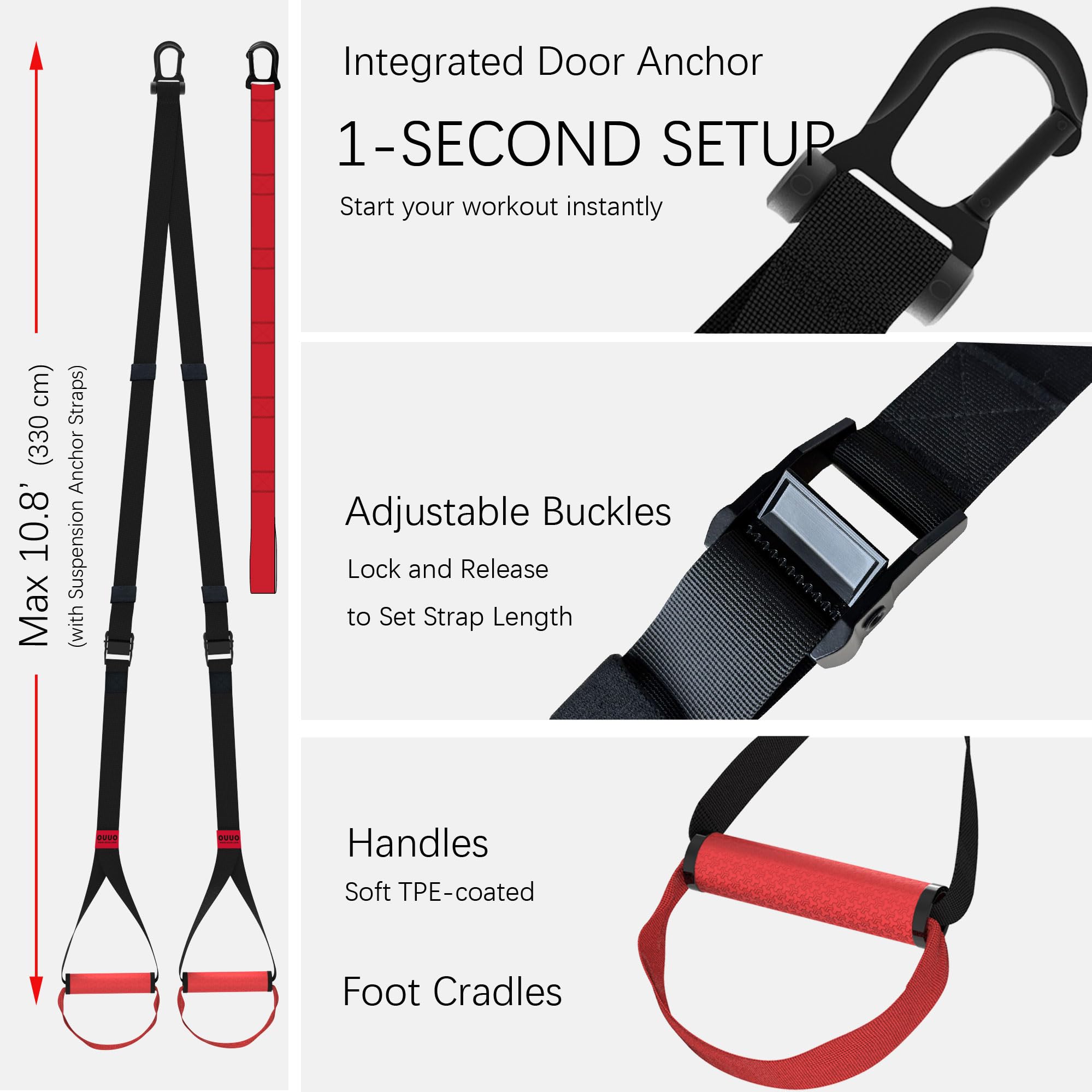 Correas de suspensión para gimnasio en casa, anclaje de puerta integrado para configuración de 1 segundo, correas de resistencia de peso corporal todo en uno para sistema de entrenamiento de