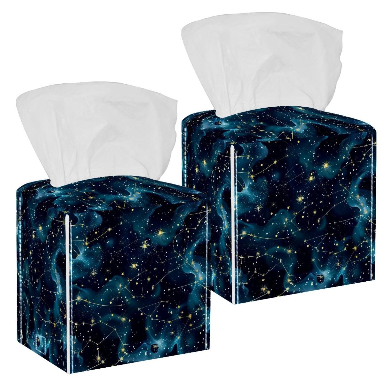 Sky Constellations Tissue Box Cover, 2 Pack PU Leather Square Facial Tissue Dispenser Box holder for Home Office Car
