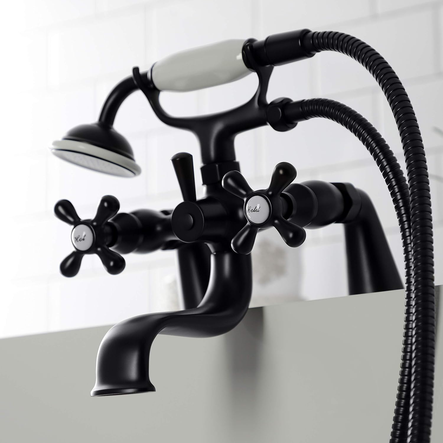 Kingston Brass KS227MB Kingston Deck Mount Clawfoot Tub Faucet with Hand Shower, Matte Black