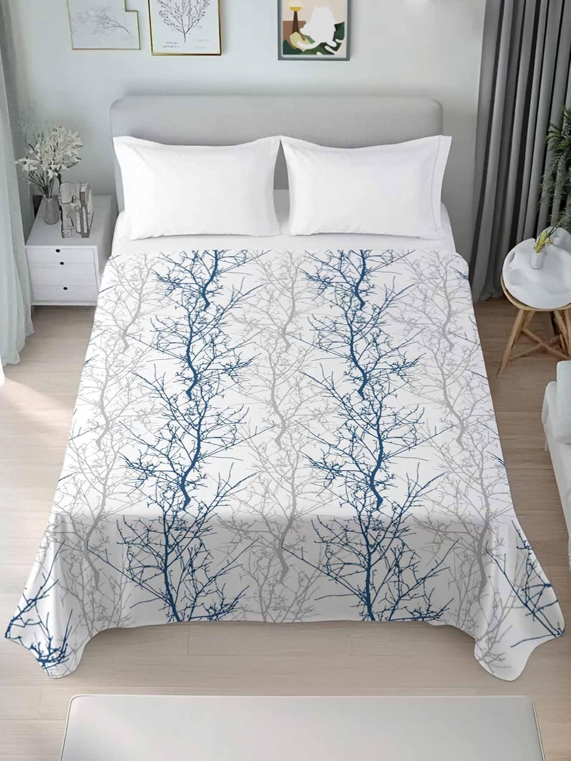 Top Sheet Full Bedding Flat Sheet Only, Blue Gray Tree Branch on White Microfiber Bed Sheets Soft Breathable Bedding Flat Sheets, Botanical Seamless Plant Texture Hotel Luxury Top Sheets